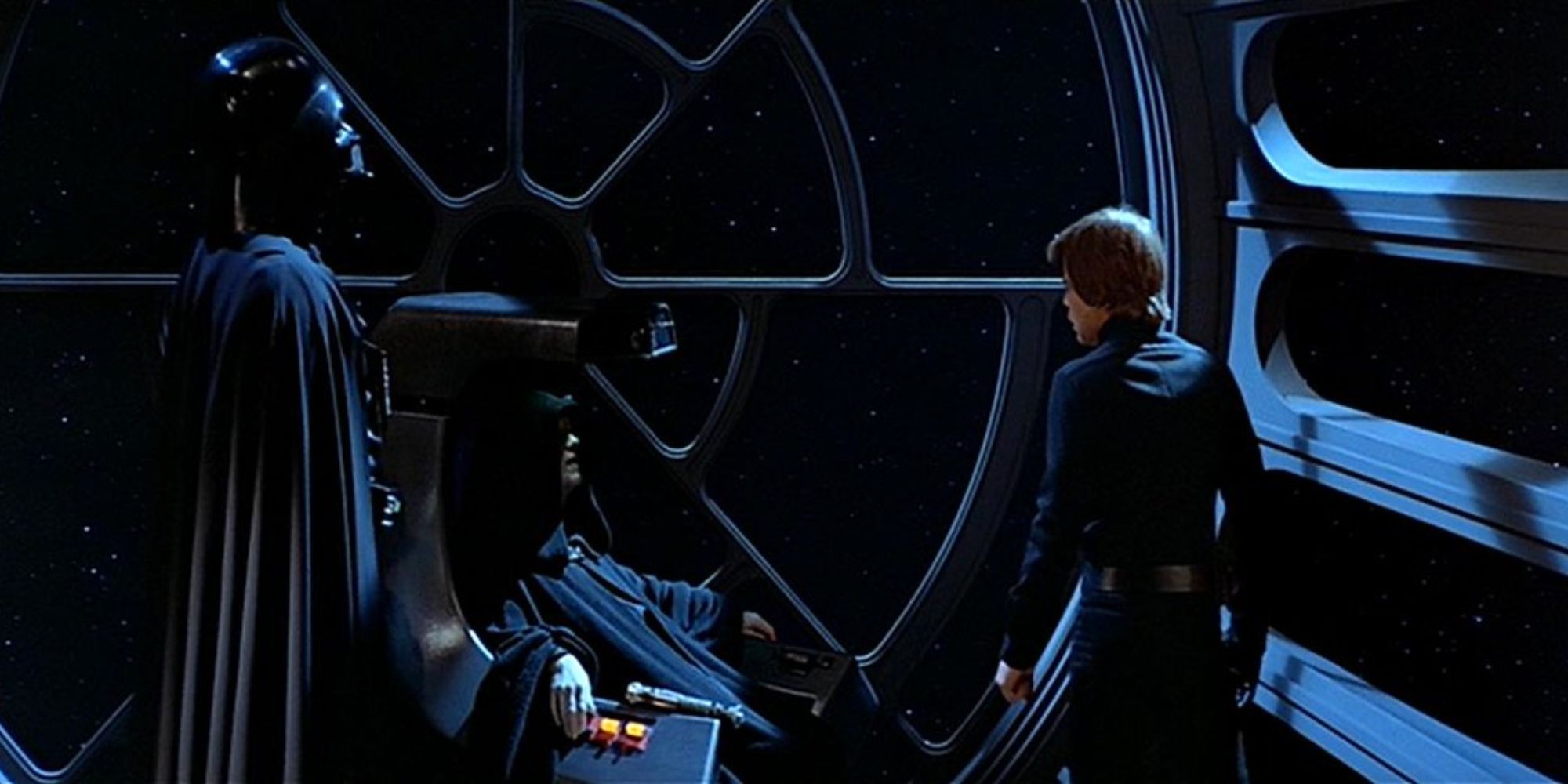 Darth Vader, Emperor Palpatine, and Luke Skywalker in the Death Star throne room